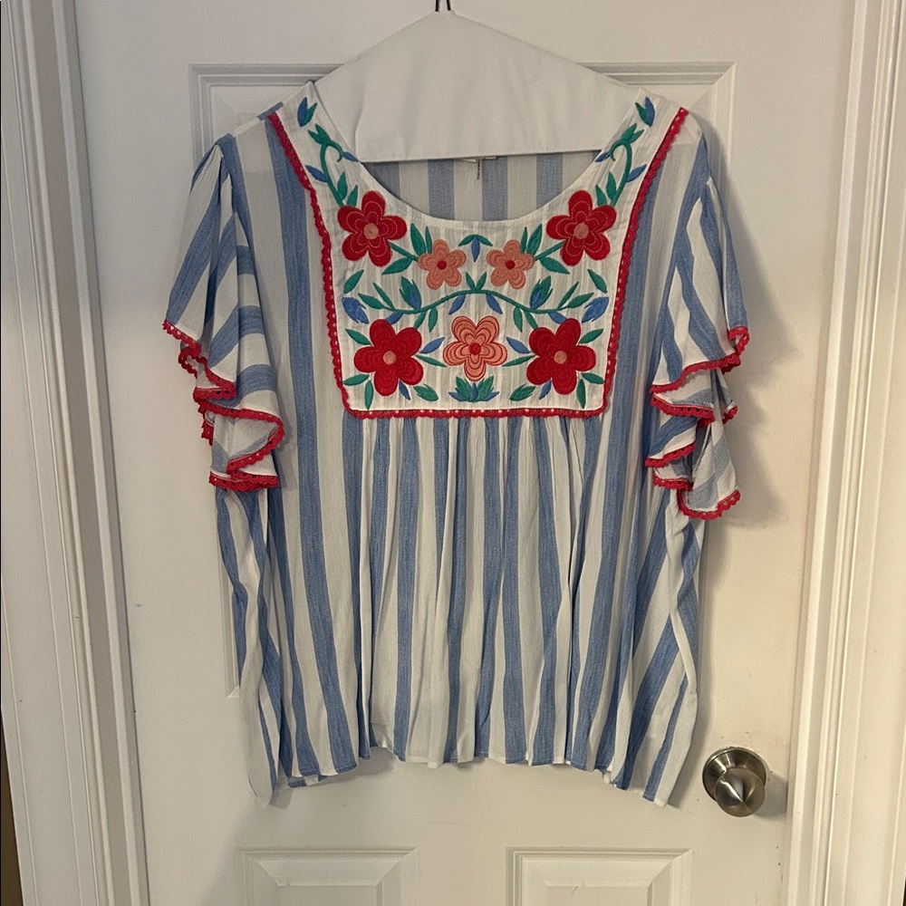 ANDREE BY UNIT Blue and White Striped Blouse with Red Floral Embroidery